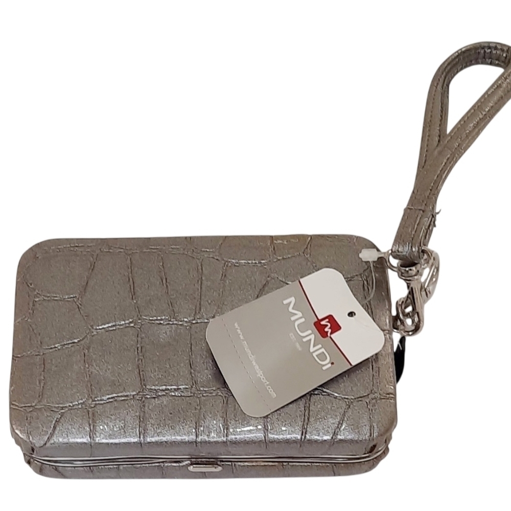 Mundi hard case clutch bag with a wristlet strap grey crocodile